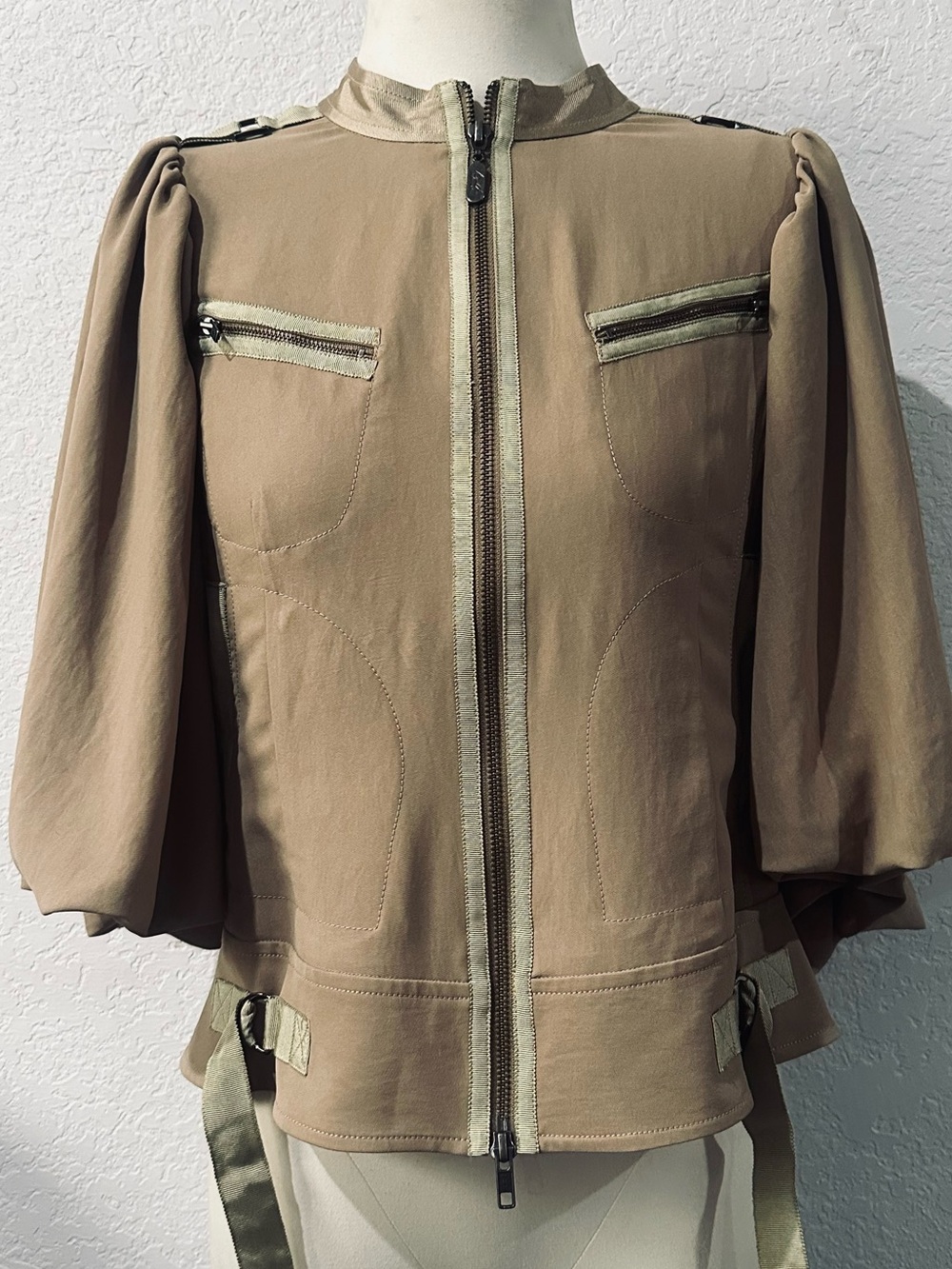 ! NEW Byron Lars Beauty Mark M.L. Leddy Taupe Tan Jacket with Puff Sleeves